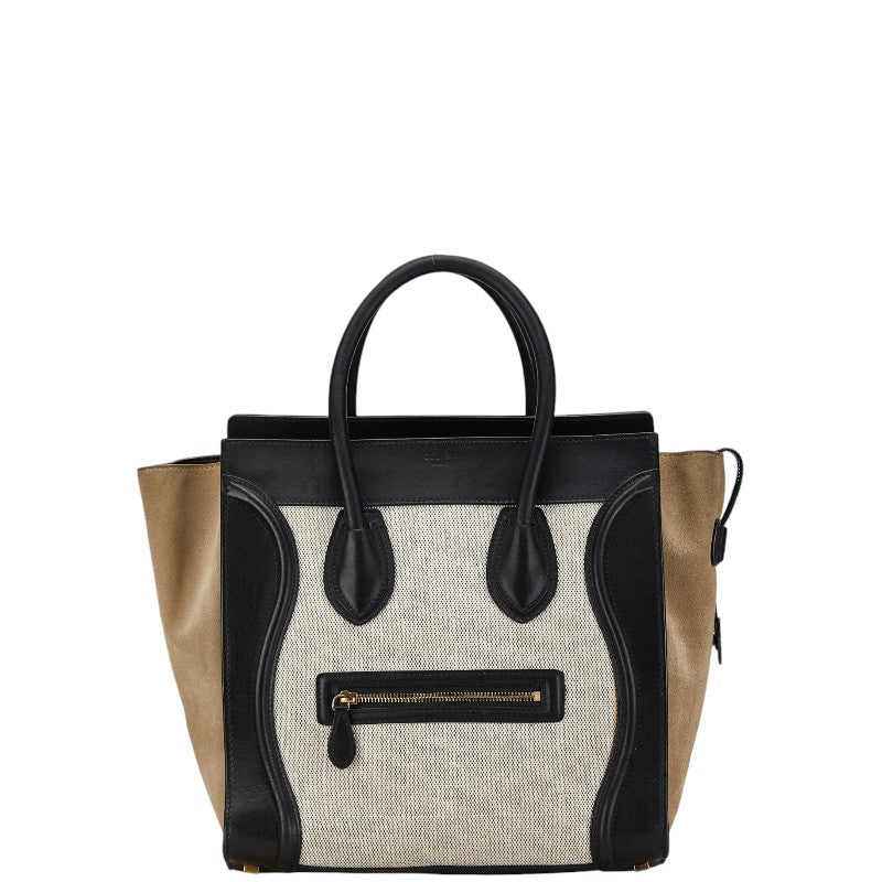 Celine Luggage Mini Shopper Handbag Beige Khaki Black Canvas Suede Leather