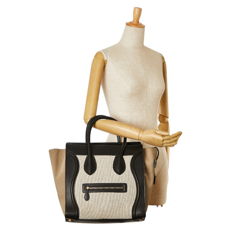 Celine Luggage Mini Shopper Handbag Beige Khaki Black Canvas Suede Leather
