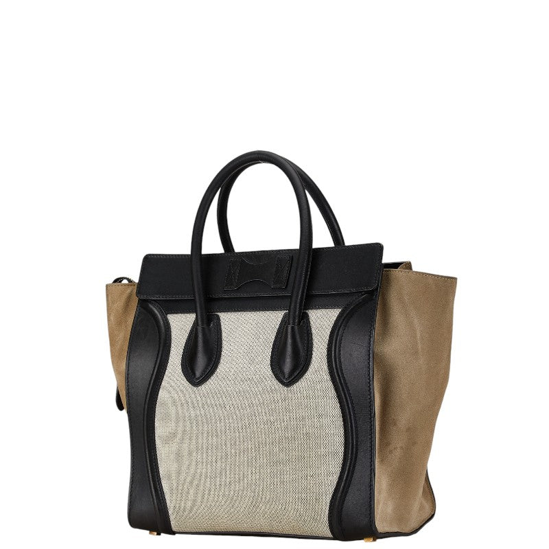 Celine Luggage Mini Shopper Handbag Beige Khaki Black Canvas Suede Leather