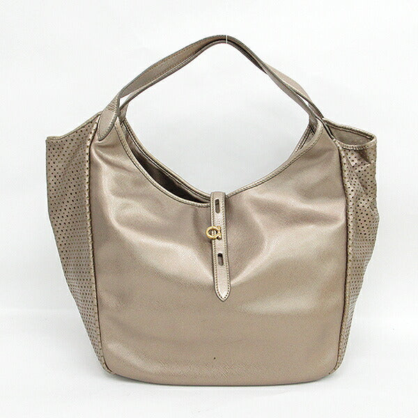 Salvatore Ferragamo Gancini Punched Shoulder Tote Bag Champagne Gold Leather