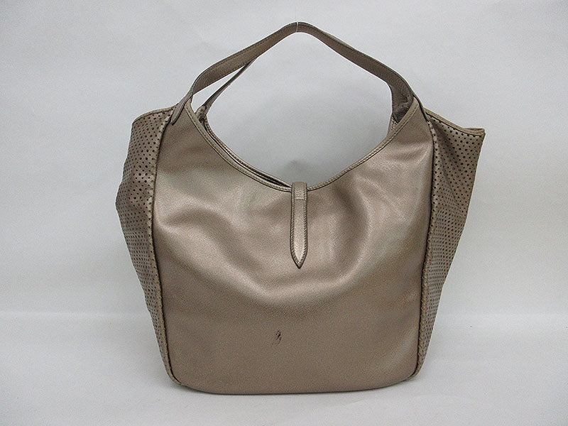 Salvatore Ferragamo Gancini Punched Shoulder Tote Bag Champagne Gold Leather