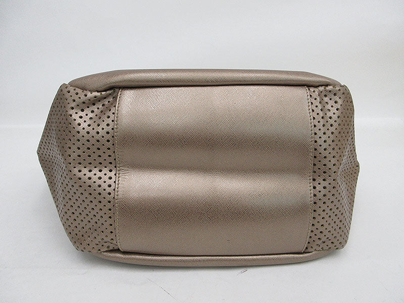 Salvatore Ferragamo Gancini Punched Shoulder Tote Bag Champagne Gold Leather