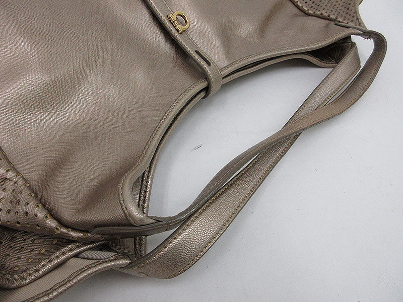Salvatore Ferragamo Gancini Punched Shoulder Tote Bag Champagne Gold Leather