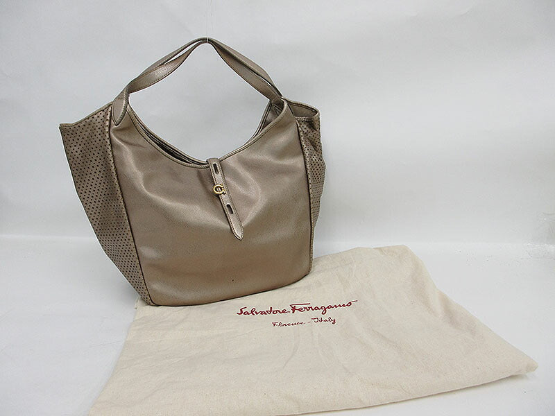 Salvatore Ferragamo Gancini Punched Shoulder Tote Bag Champagne Gold Leather