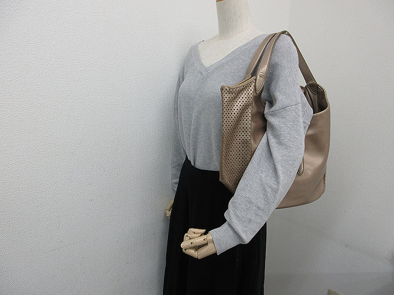 Salvatore Ferragamo Gancini Punched Shoulder Tote Bag Champagne Gold Leather
