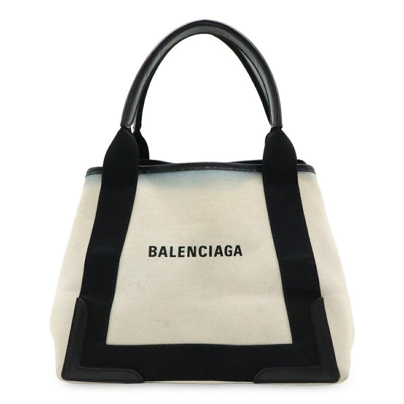 BALENCIAGA Navy Cabas S Logo Tote Bag Handbag Canvas Leather Natural Black