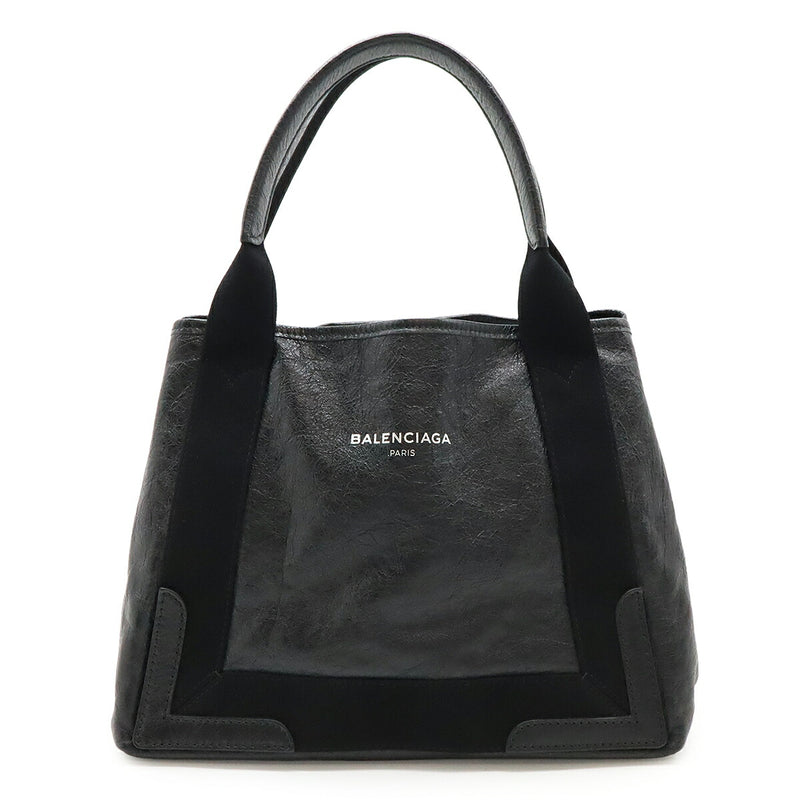 BALENCIAGA Navy Cabas S Logo Handbag Tote Bag Leather Black 339933 [Used]