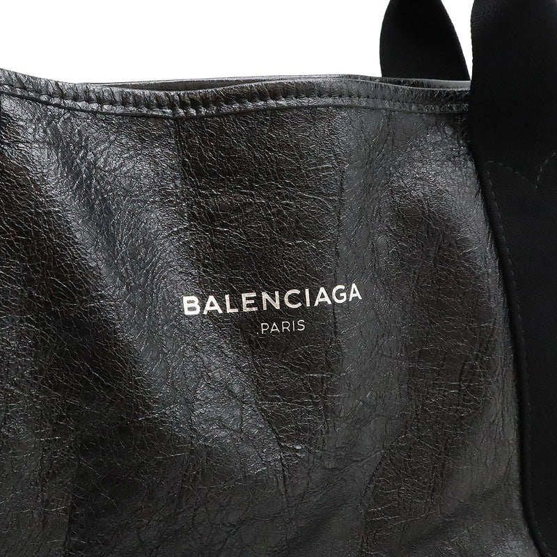 BALENCIAGA Navy Cabas S Logo Handbag Tote Bag Leather Black 339933 [Used]