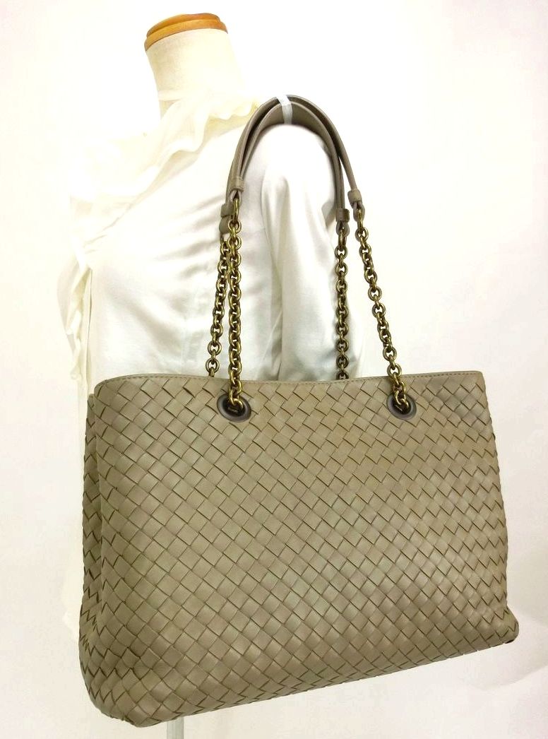 BOTTEGA VENETA Intrecciato Nappa Chain Tote Bag Handbag Khaki Stylish Luxury