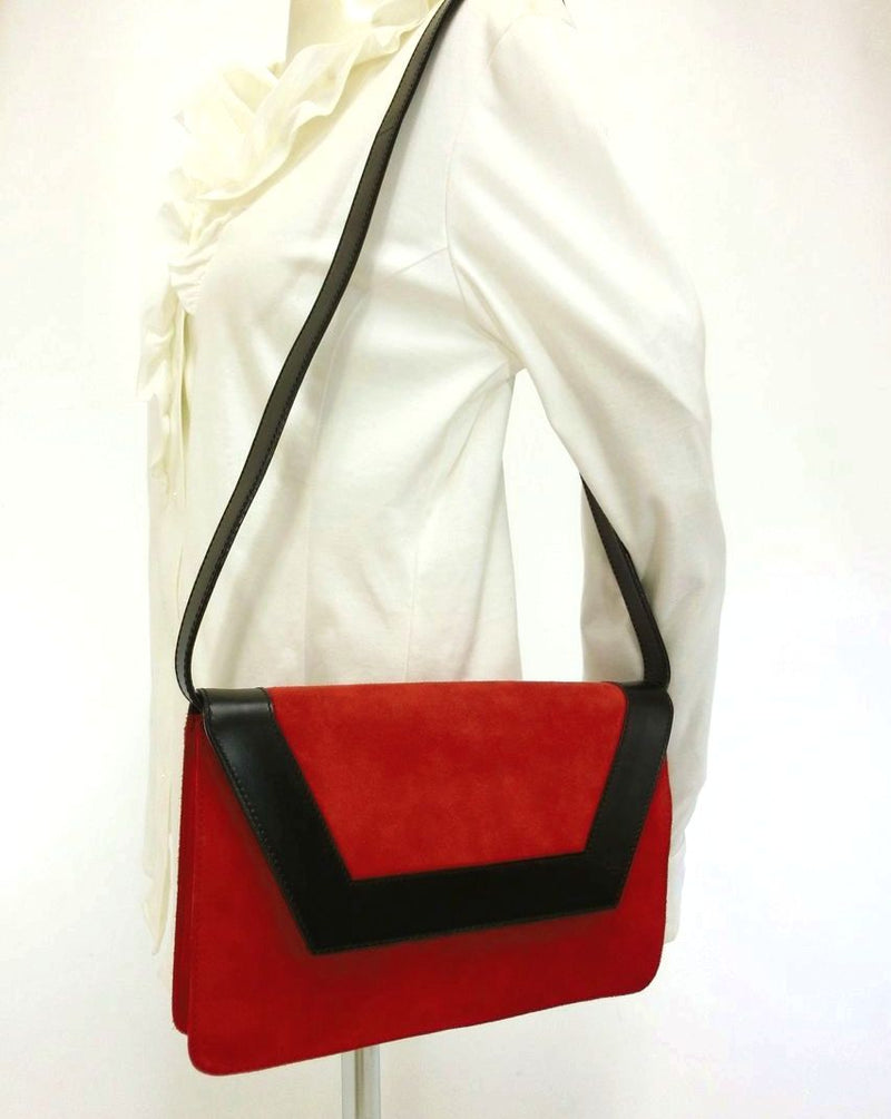 CELINE genuine leather suede leather 2-way clutch bag with shoulder bag Red