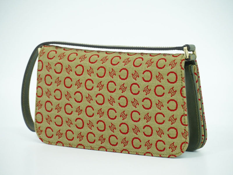 Genuine CELINE C Macadam Accessory Pouch Handbag Canvas Khaki Red Macadam Bag