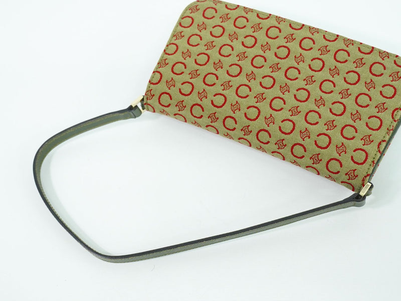 Genuine CELINE C Macadam Accessory Pouch Handbag Canvas Khaki Red Macadam Bag
