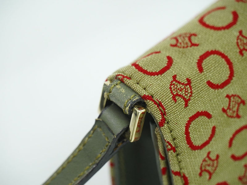 Genuine CELINE C Macadam Accessory Pouch Handbag Canvas Khaki Red Macadam Bag