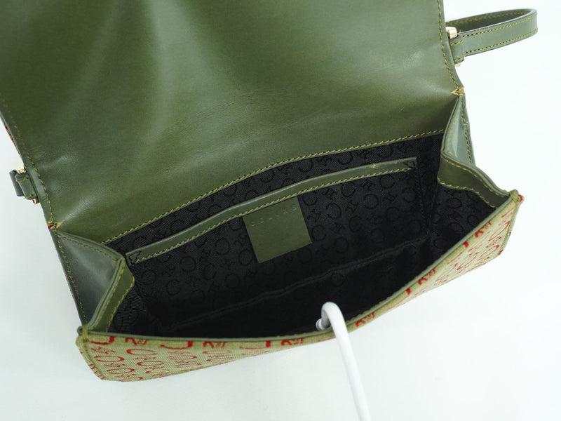 Genuine CELINE C Macadam Accessory Pouch Handbag Canvas Khaki Red Macadam Bag