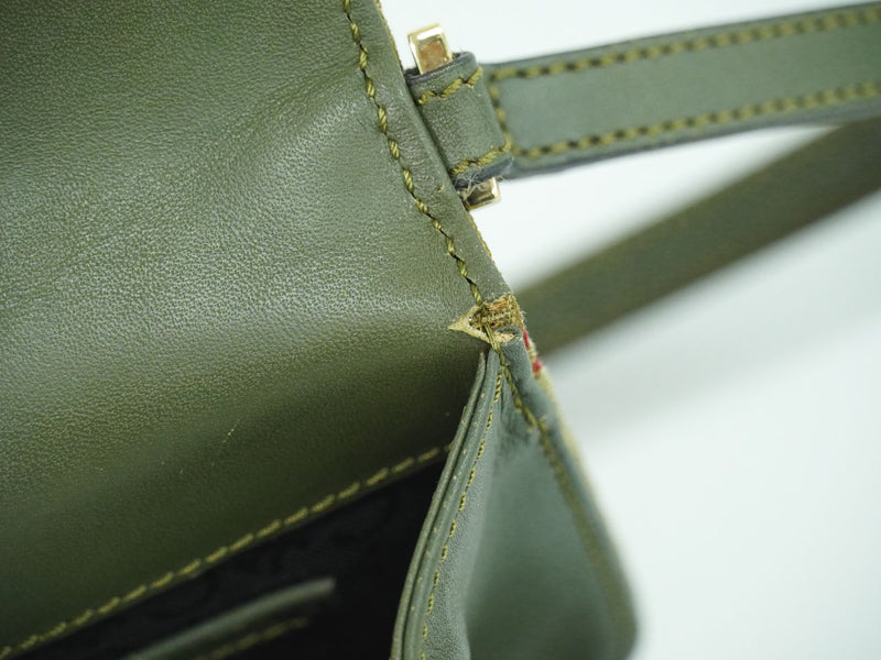 Genuine CELINE C Macadam Accessory Pouch Handbag Canvas Khaki Red Macadam Bag