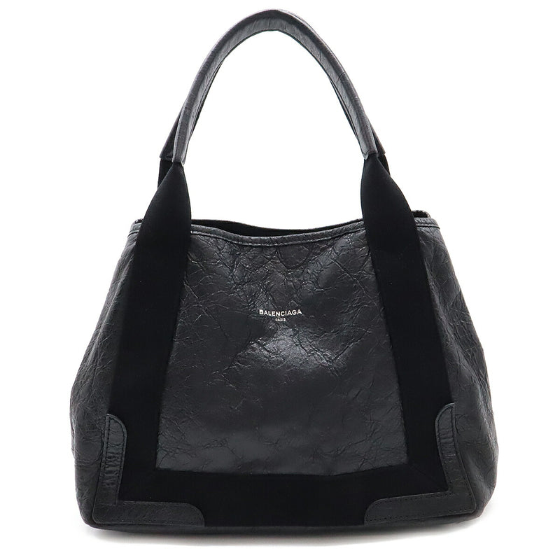 BALENCIAGA Exclusive Line Navy Cabas Logo Tote Bag Handbag Leather Black 542017