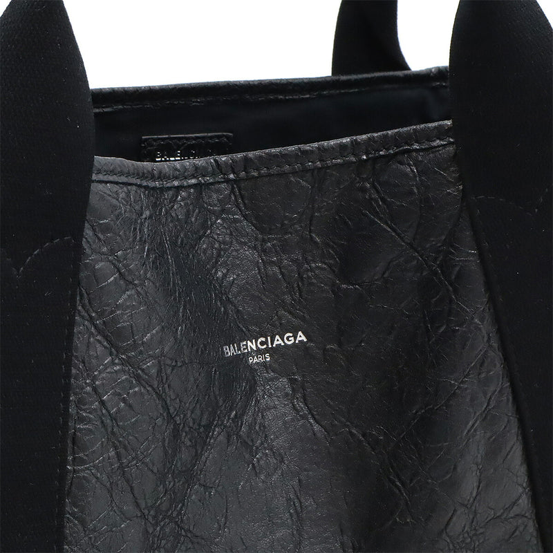 BALENCIAGA Exclusive Line Navy Cabas Logo Tote Bag Handbag Leather Black 542017