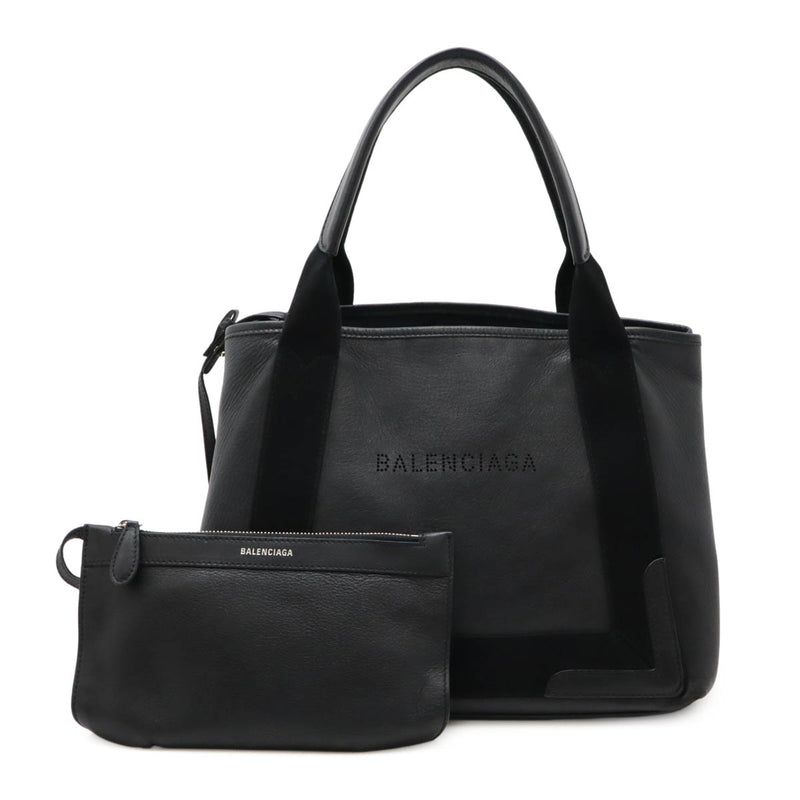 BALENCIAGA Navy Cabas S Tote Bag Handbag Punched Logo Leather Black with Pouch