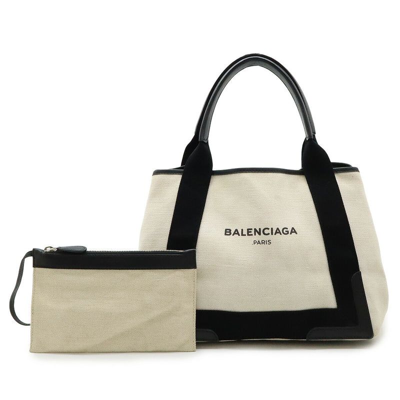 BALENCIAGA Navy Cabas S Logo Tote Bag Handbag Canvas Leather Natural Black With