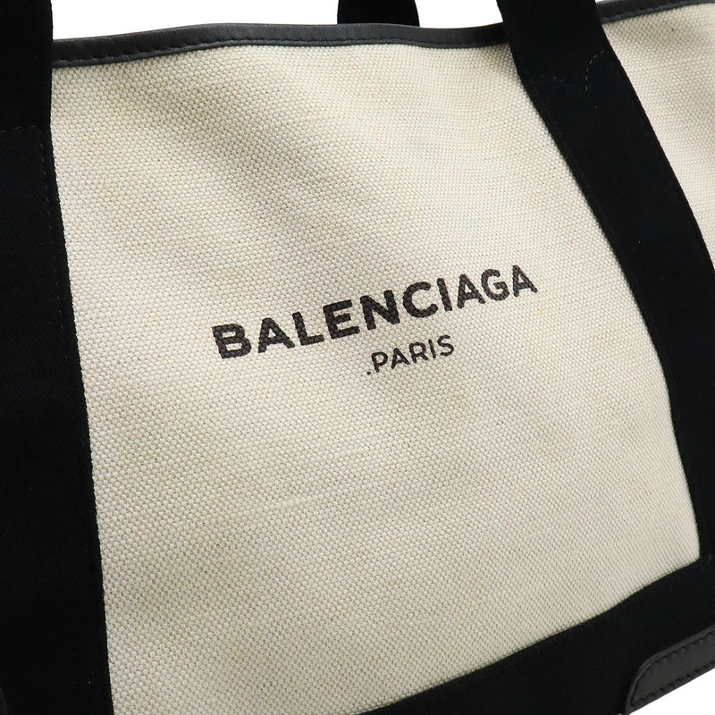 BALENCIAGA Navy Cabas S Logo Tote Bag Handbag Canvas Leather Natural Black With