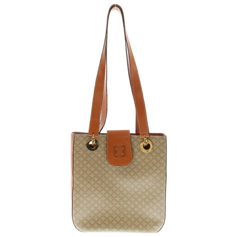 CELINE Macadam Tote Bag Beige PVC x Leather Handbag Shoulder Bag Gold Hardware