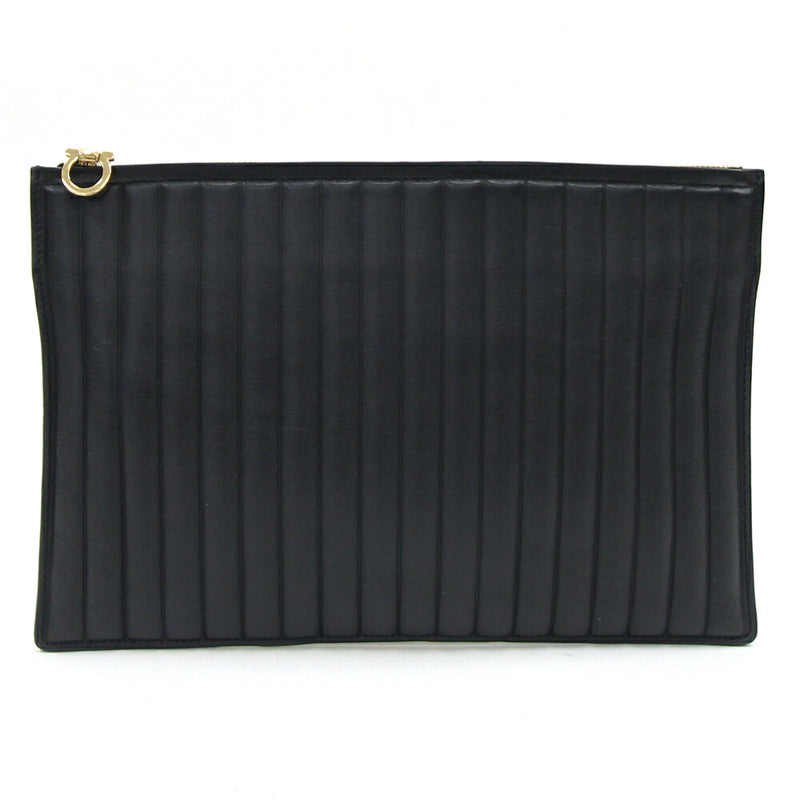 Ferragamo clutch bag 21 F210 black gold hardware leather used flat pouch for