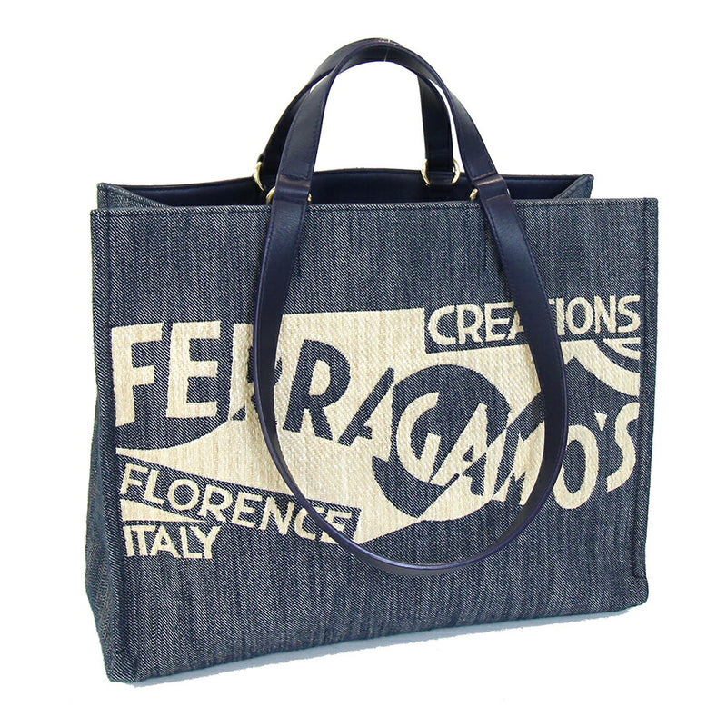 Ferragamo 2WAY Handbag 219406 Navy Denim Leather Tote Bag Shoulder Shoulder