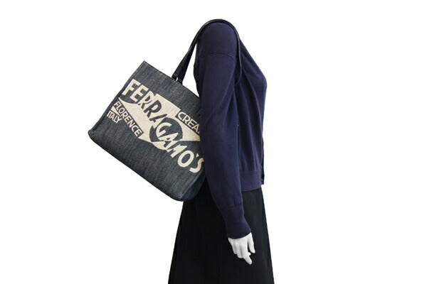 Ferragamo 2WAY Handbag 219406 Navy Denim Leather Tote Bag Shoulder Shoulder