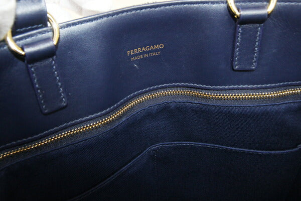 Ferragamo 2WAY Handbag 219406 Navy Denim Leather Tote Bag Shoulder Shoulder