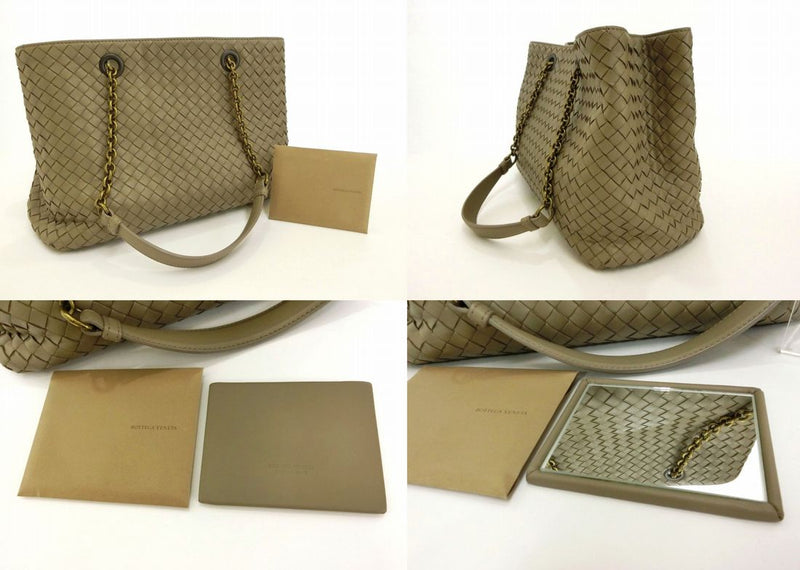 BOTTEGA VENETA Intrecciato Nappa Chain Tote Bag Handbag Khaki Stylish Luxury