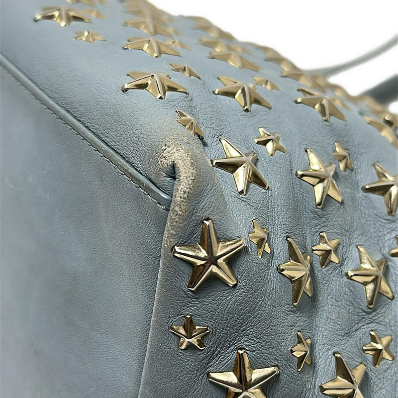 JIMMY CHOO Sasha Tote Bag Studs/Star/Hologram Stickers Light Blue x Gold