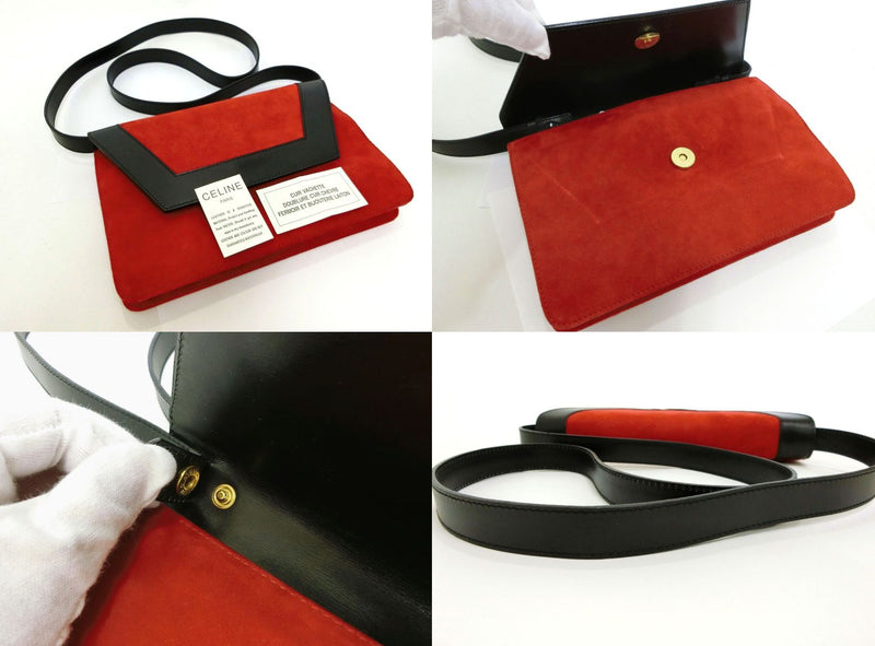 CELINE genuine leather suede leather 2-way clutch bag with shoulder bag Red