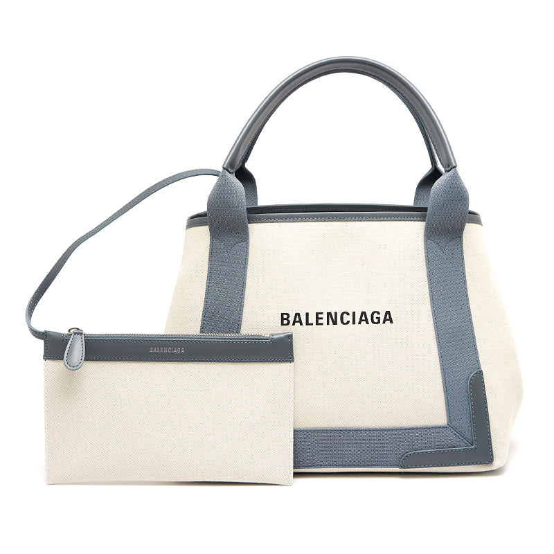 [Used] Balenciaga Navy Cabas S 339933 Canvas x Leather Natural/Grey Compatible