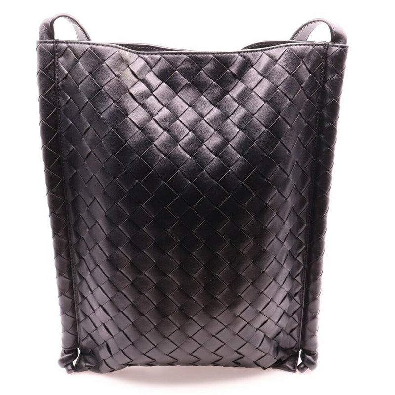 BOTTEGA VENETA Intrecciato Small Flat Loop Shoulder Bag Black Leather [Used]