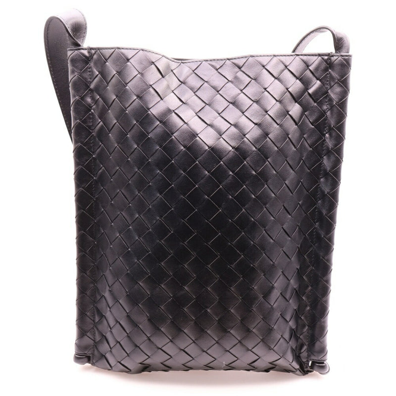 BOTTEGA VENETA Intrecciato Small Flat Loop Shoulder Bag Black Leather [Used]