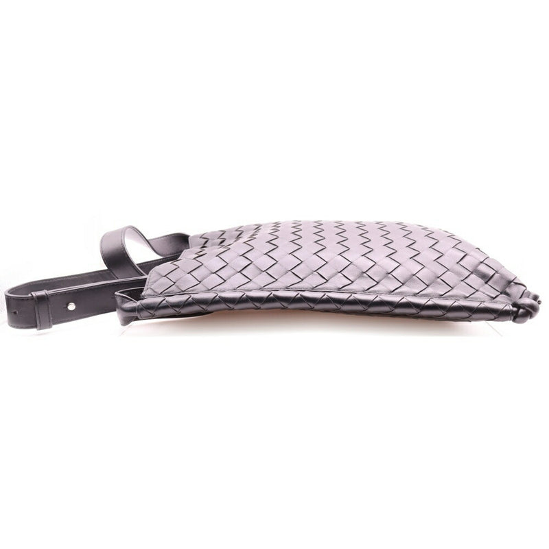 BOTTEGA VENETA Intrecciato Small Flat Loop Shoulder Bag Black Leather [Used]