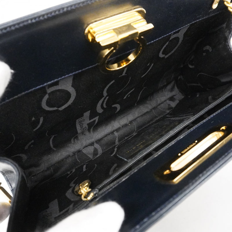 ★SALE [5he4388] Salvatore Ferragamo Shoulder Bag Gancini Leather Navy Gold