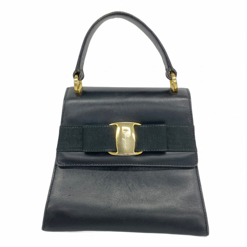 [5ia0454-h] Salvatore Ferragamo Handbag Vara Leather Black Gold Hardware [Used]
