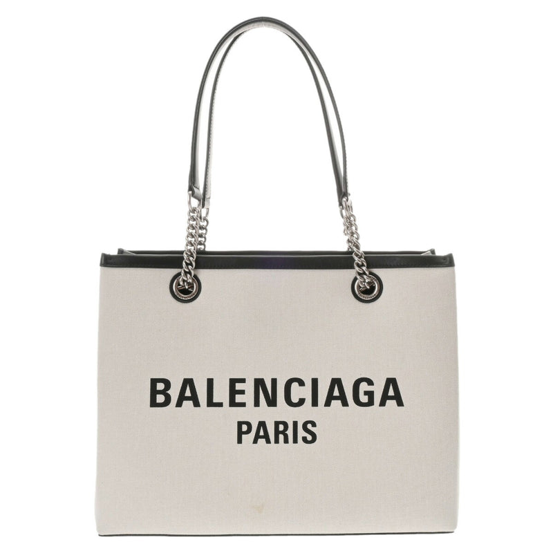 BALENCIAGA Medium Duty Free White Black 759973 Women's Canvas Leather Tote Bag