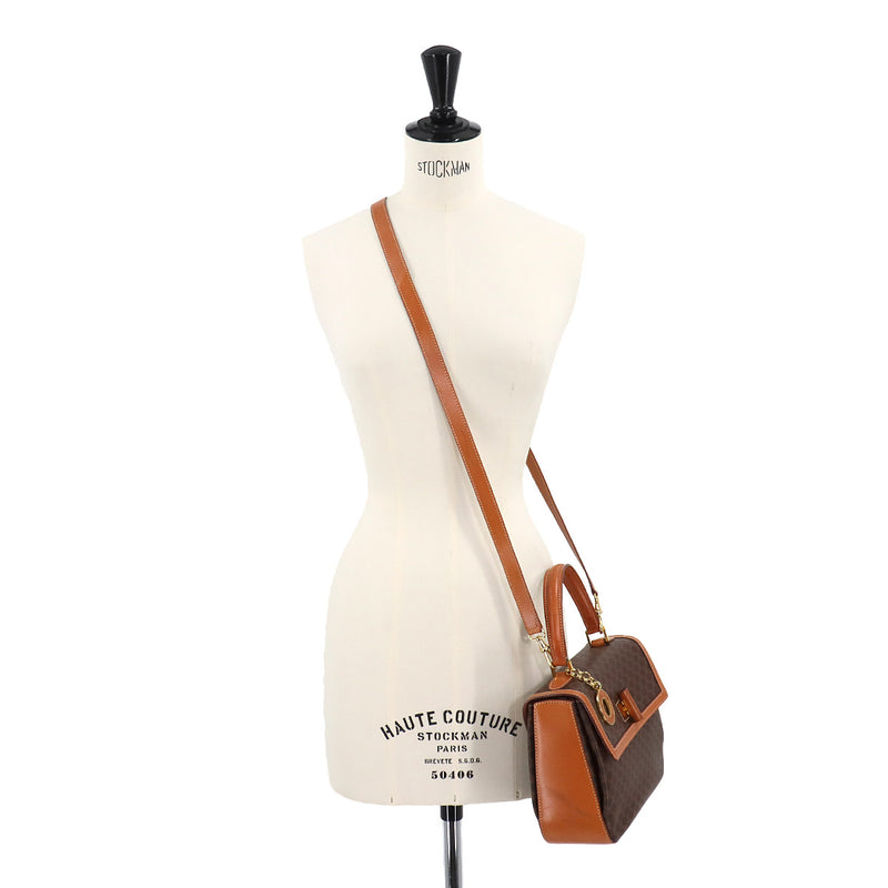 CELINE Macadam Pattern 2-way Hand Shoulder Bag PVC Leather Brown Gold Metal