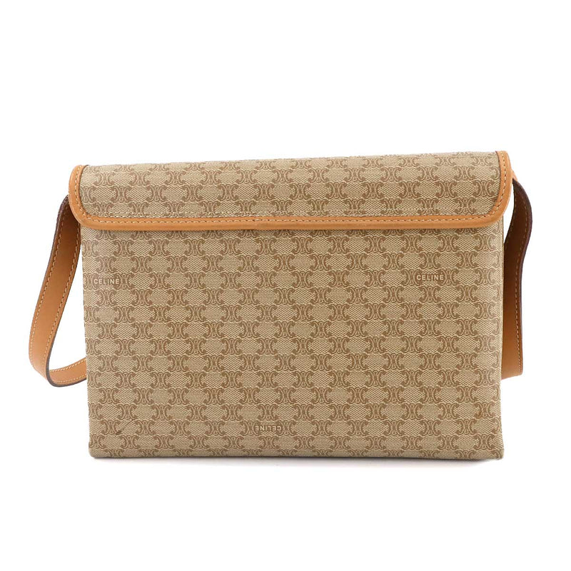 CELINE Macadam Pattern Shoulder Bag PVC Leather Beige Gold Metal Fitting