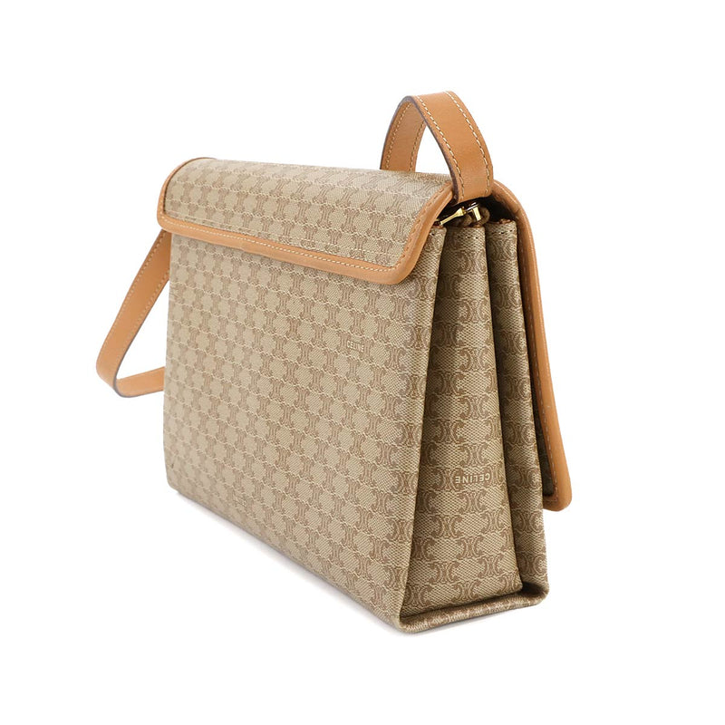 CELINE Macadam Pattern Shoulder Bag PVC Leather Beige Gold Metal Fitting