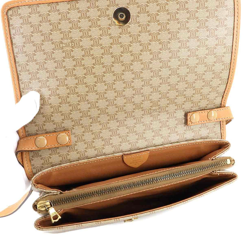 CELINE Macadam Pattern Shoulder Bag PVC Leather Beige Gold Metal Fitting