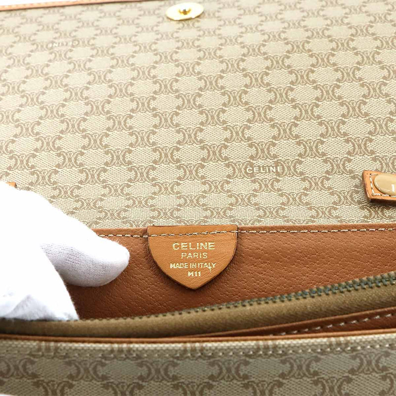 CELINE Macadam Pattern Shoulder Bag PVC Leather Beige Gold Metal Fitting