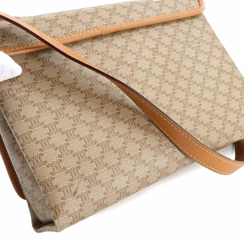 CELINE Macadam Pattern Shoulder Bag PVC Leather Beige Gold Metal Fitting