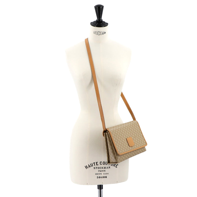 CELINE Macadam Pattern Shoulder Bag PVC Leather Beige Gold Metal Fitting