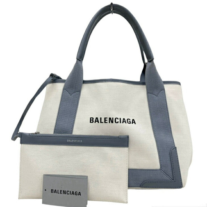 [Used] Balenciaga Navy Cabas S Canvas Tote Bag White x Gray Pouch included