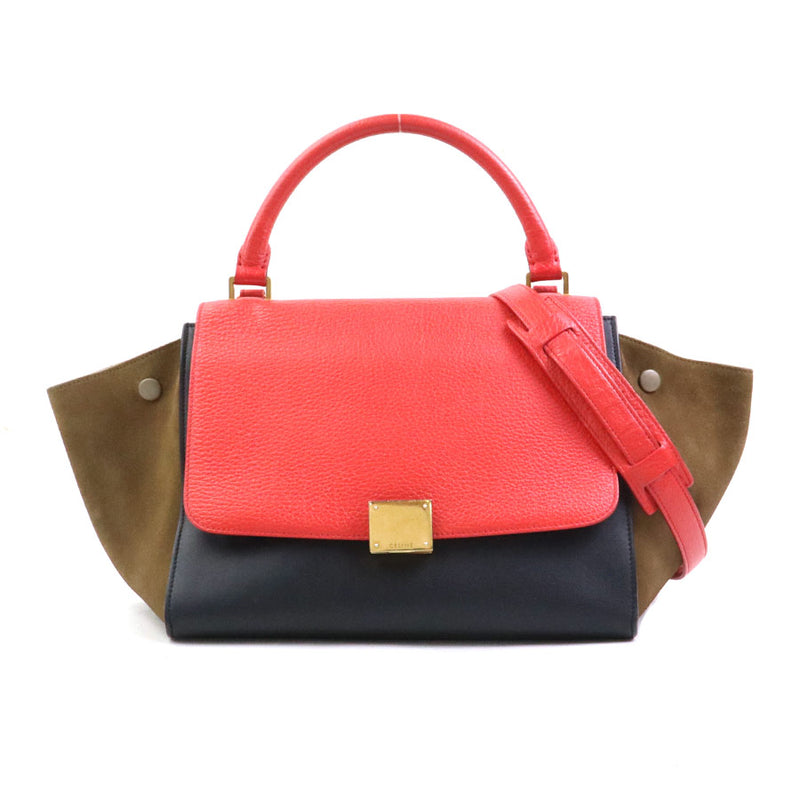 CELINE Handbag Shoulder Bag Trapeze Leather/Suede Red/Black/Khaki Women's Free