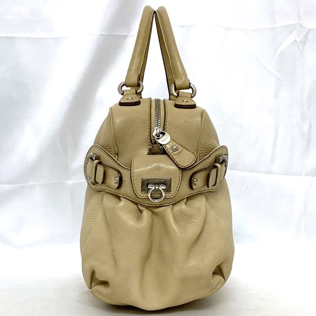 [Free Shipping] Salvatore Ferragamo 2-way Boston Bag ec-21259 Beige Gancini