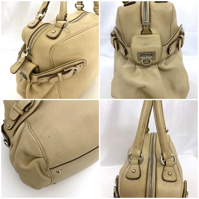 [Free Shipping] Salvatore Ferragamo 2-way Boston Bag ec-21259 Beige Gancini